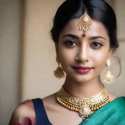 A beautiful girl wearing a traditional saree, adorned with a navel piercing, nose piercing, lip piercing, and ear piercings