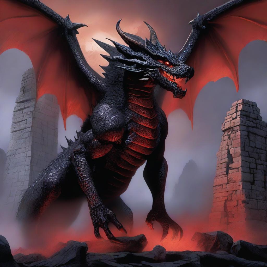 A black dragon made of shadow; shadow smoke coils off its body, as it perches on the ruins of an Ancient Aztec temple