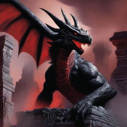 A black dragon made of shadow; shadow smoke coils off its body, as it perches on the ruins of an Ancient Aztec temple