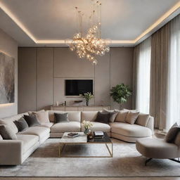 A luxe interior design for a living room with modern suspended lighting illuminating high-end furniture and chic decor.