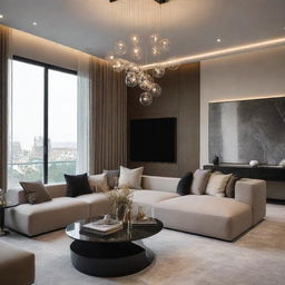 A luxe interior design for a living room with modern suspended lighting illuminating high-end furniture and chic decor.