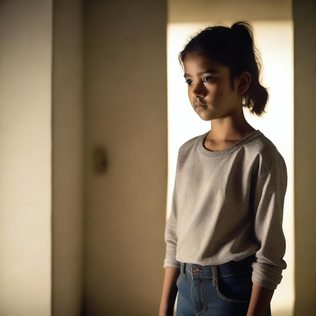 A young girl with an insecure expression, standing in a quiet room with soft lighting