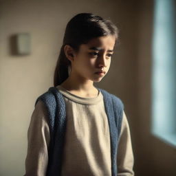 A young girl with an insecure expression, standing in a quiet room with soft lighting