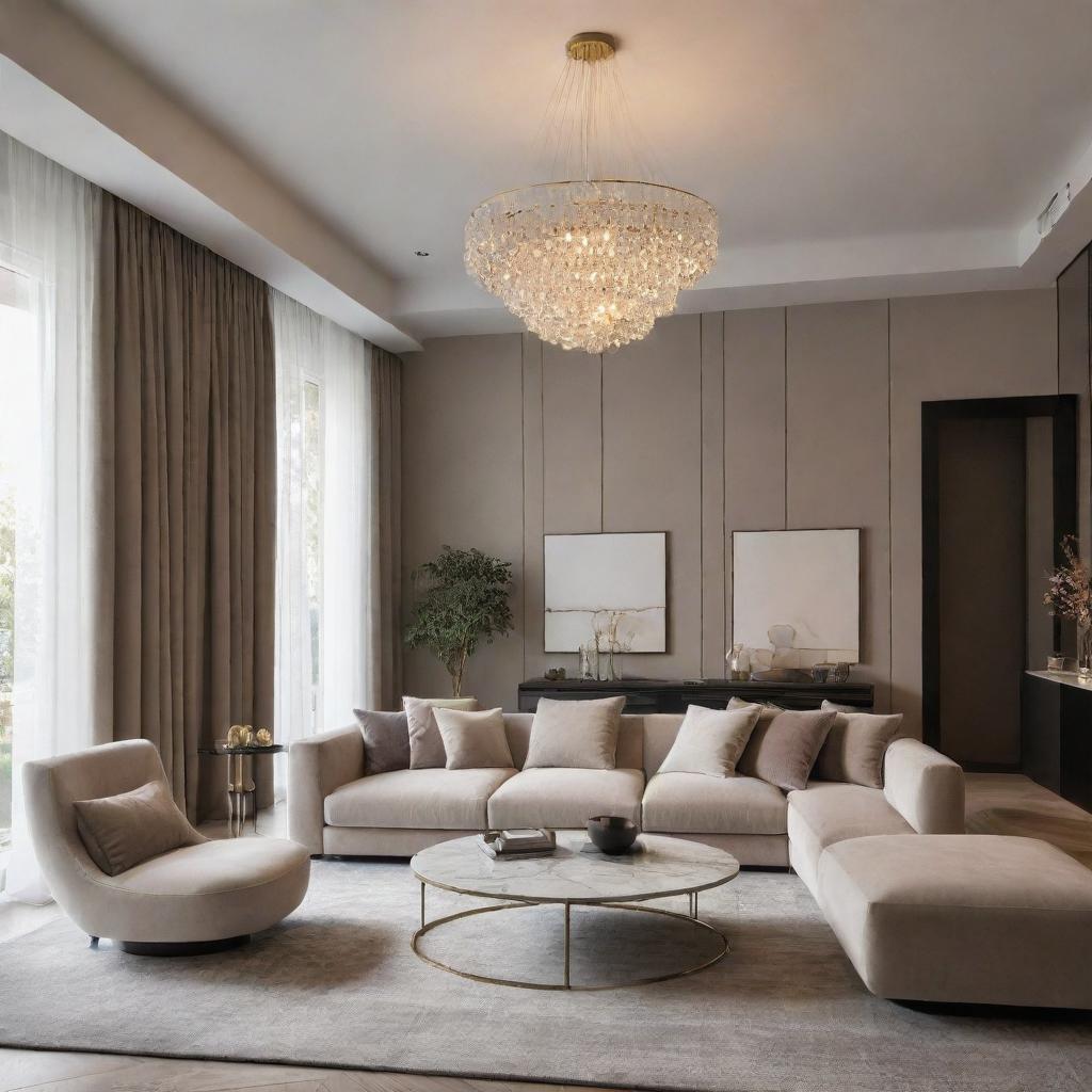 A luxe interior design for a living room with modern suspended lighting illuminating high-end furniture and chic decor.