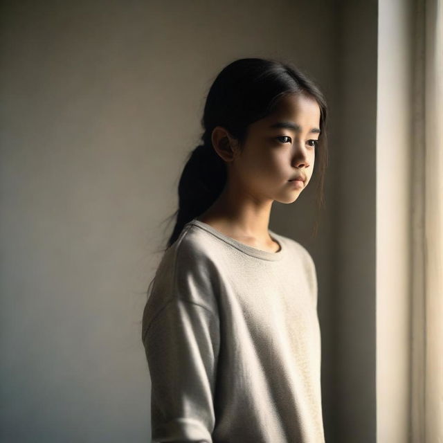 A young girl with an insecure expression, standing in a quiet room with soft lighting