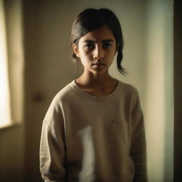 A young girl with an insecure expression, standing in a quiet room with soft lighting