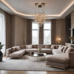 A luxe interior design for a living room with modern suspended lighting illuminating high-end furniture and chic decor.