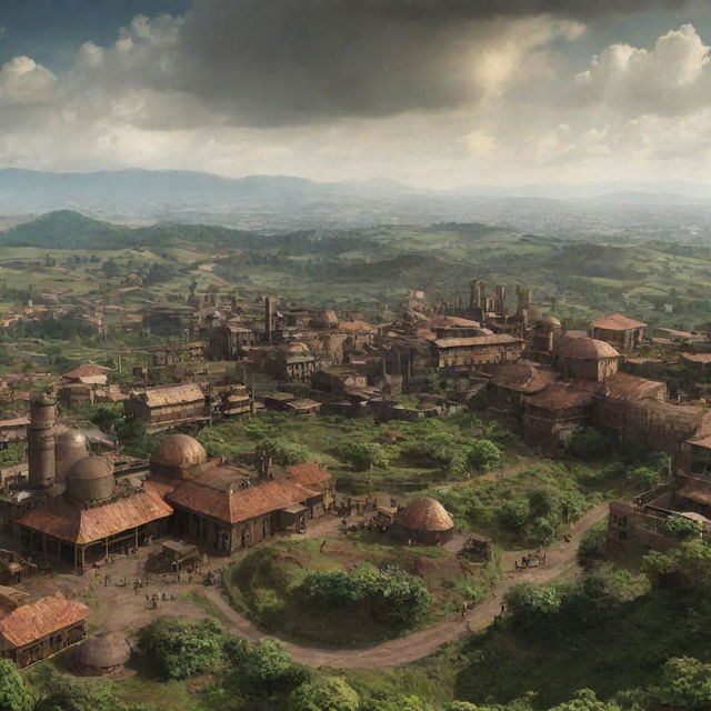 A panorama view of Burundi reimagined with a steampunk theme, showcasing rustic bronze infrastructure combined with the lush green landscape.