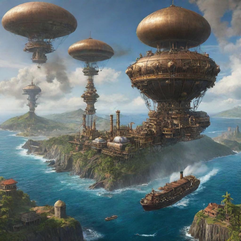 A depiction of Comoros with a steampunk twist -majestic islands filled with rustic metallic structures, swirling smokestacks, and airships floating over the tropical backdrop.