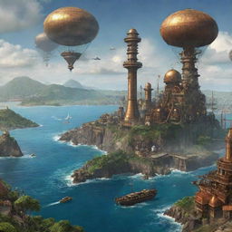 A depiction of Comoros with a steampunk twist -majestic islands filled with rustic metallic structures, swirling smokestacks, and airships floating over the tropical backdrop.