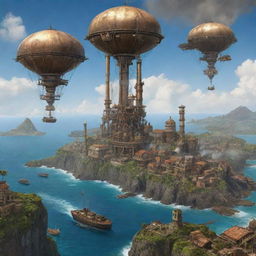 A depiction of Comoros with a steampunk twist -majestic islands filled with rustic metallic structures, swirling smokestacks, and airships floating over the tropical backdrop.