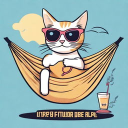 Create a T-shirt design featuring a cartoon cat lounging in a hammock made of yarn