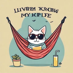 Create a T-shirt design featuring a cartoon cat lounging in a hammock made of yarn