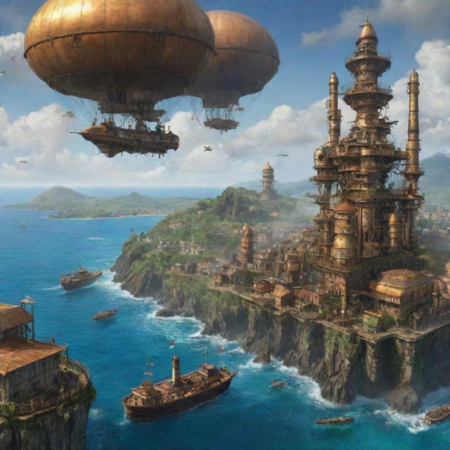 A depiction of Comoros with a steampunk twist -majestic islands filled with rustic metallic structures, swirling smokestacks, and airships floating over the tropical backdrop.