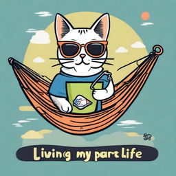 Create a T-shirt design featuring a cartoon cat lounging in a hammock made of yarn