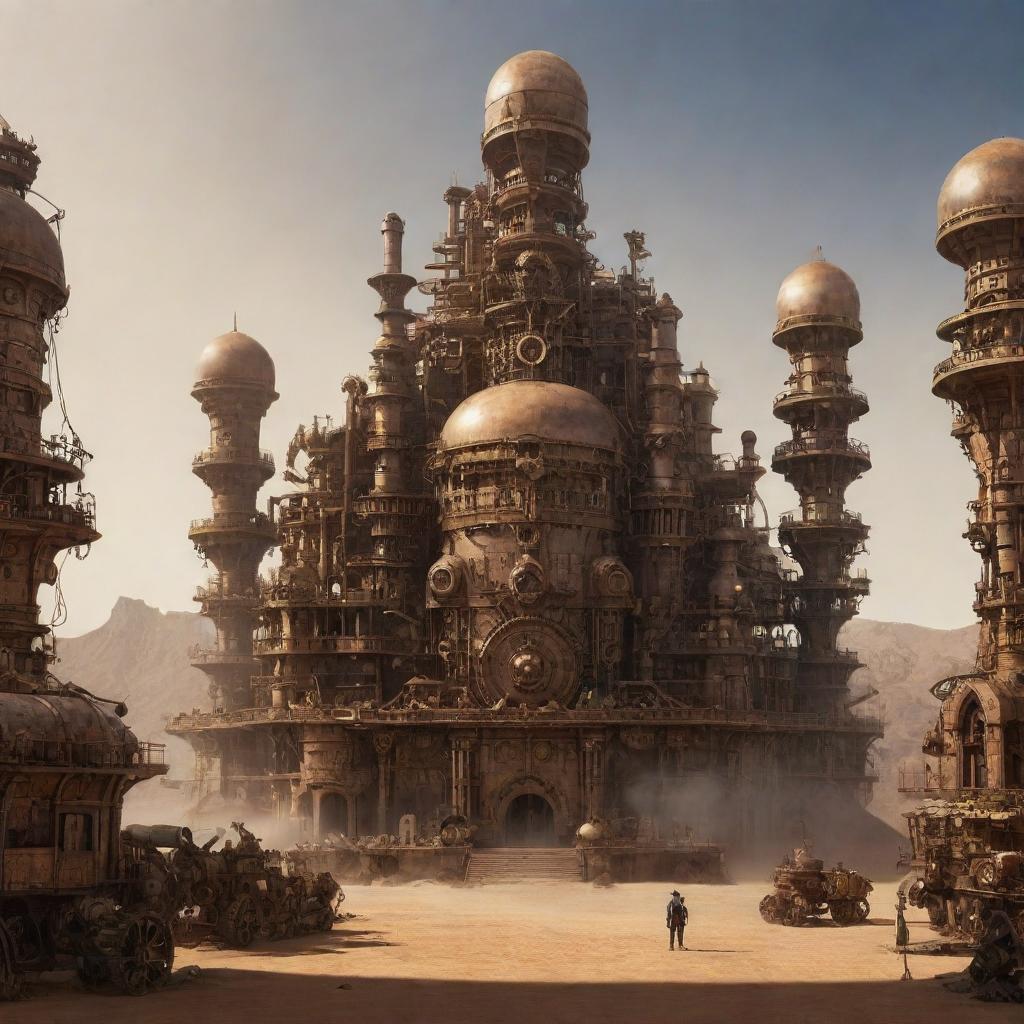 An interpretation of Djibouti in a steampunk aesthetic: vast deserts under which sprawling underground cities rumble with steam-powered machinery, surrounded by ornate bronze architectural marvels.