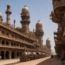 An interpretation of Djibouti in a steampunk aesthetic: vast deserts under which sprawling underground cities rumble with steam-powered machinery, surrounded by ornate bronze architectural marvels.