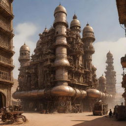 An interpretation of Djibouti in a steampunk aesthetic: vast deserts under which sprawling underground cities rumble with steam-powered machinery, surrounded by ornate bronze architectural marvels.