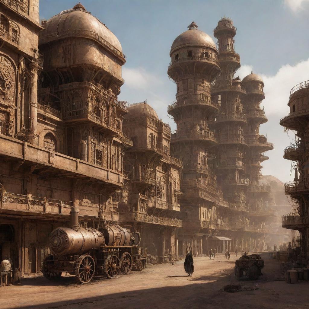 An interpretation of Djibouti in a steampunk aesthetic: vast deserts under which sprawling underground cities rumble with steam-powered machinery, surrounded by ornate bronze architectural marvels.