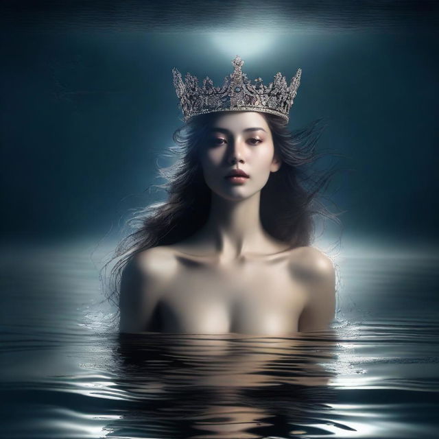 A majestic woman emerging from a dark sea, wearing a crown on her head