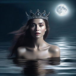 A majestic woman emerging from a dark sea, wearing a crown on her head