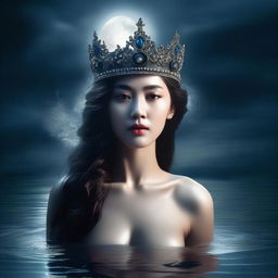 A majestic woman emerging from a dark sea, wearing a crown on her head