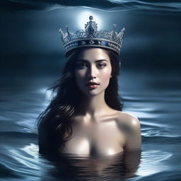 A majestic woman emerging from a dark sea, wearing a crown on her head