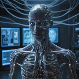 A cybernetic human connected by the head to a massive computer, displaying their symbiotic relationship. The network of advanced technology surrounds them in an impressive display of wires, circuits, and glowing screens.