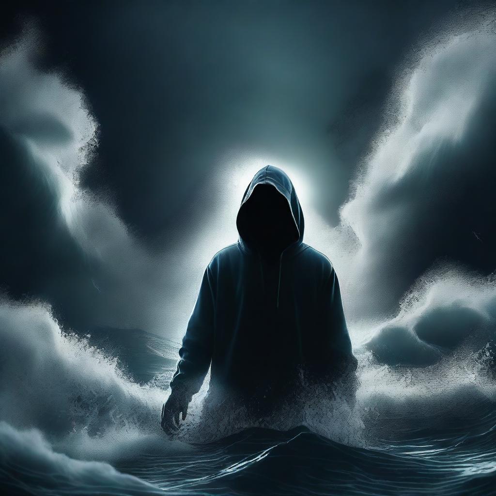 A hooded man screaming in a dark sea at night