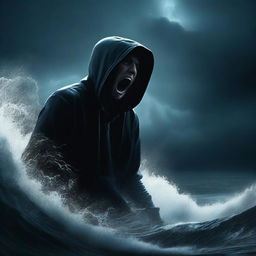 A hooded man screaming in a dark sea at night