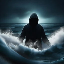 A hooded man screaming in a dark sea at night