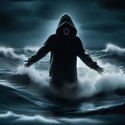 A hooded man screaming in a dark sea at night