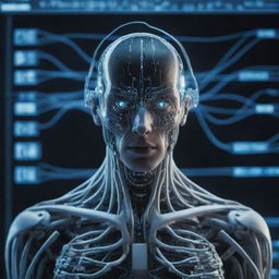 A cybernetic human connected by the head to a massive computer, displaying their symbiotic relationship. The network of advanced technology surrounds them in an impressive display of wires, circuits, and glowing screens.