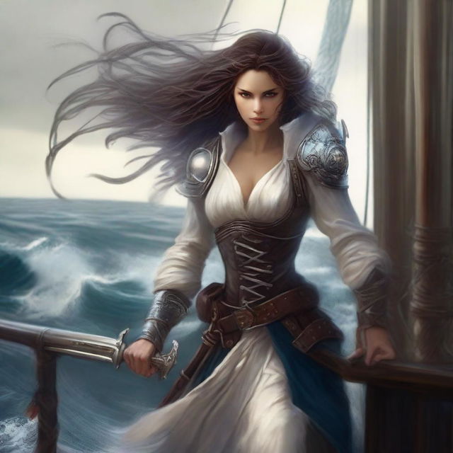 A fierce woman holding a sword, dressed for battle while gripping the railing of a ship