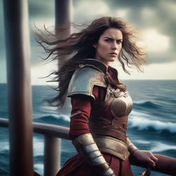 A fierce woman holding a sword, dressed for battle while gripping the railing of a ship