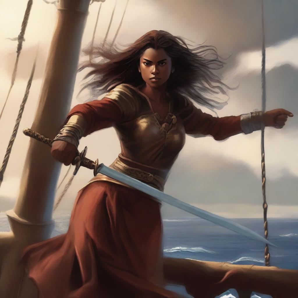 A brown-skinned woman holding a sword, dressed for battle while gripping the railing of a ship