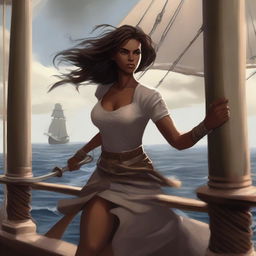 A brown-skinned woman holding a sword, dressed for battle while gripping the railing of a ship