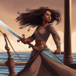 A brown-skinned woman holding a sword, dressed for battle while gripping the railing of a ship