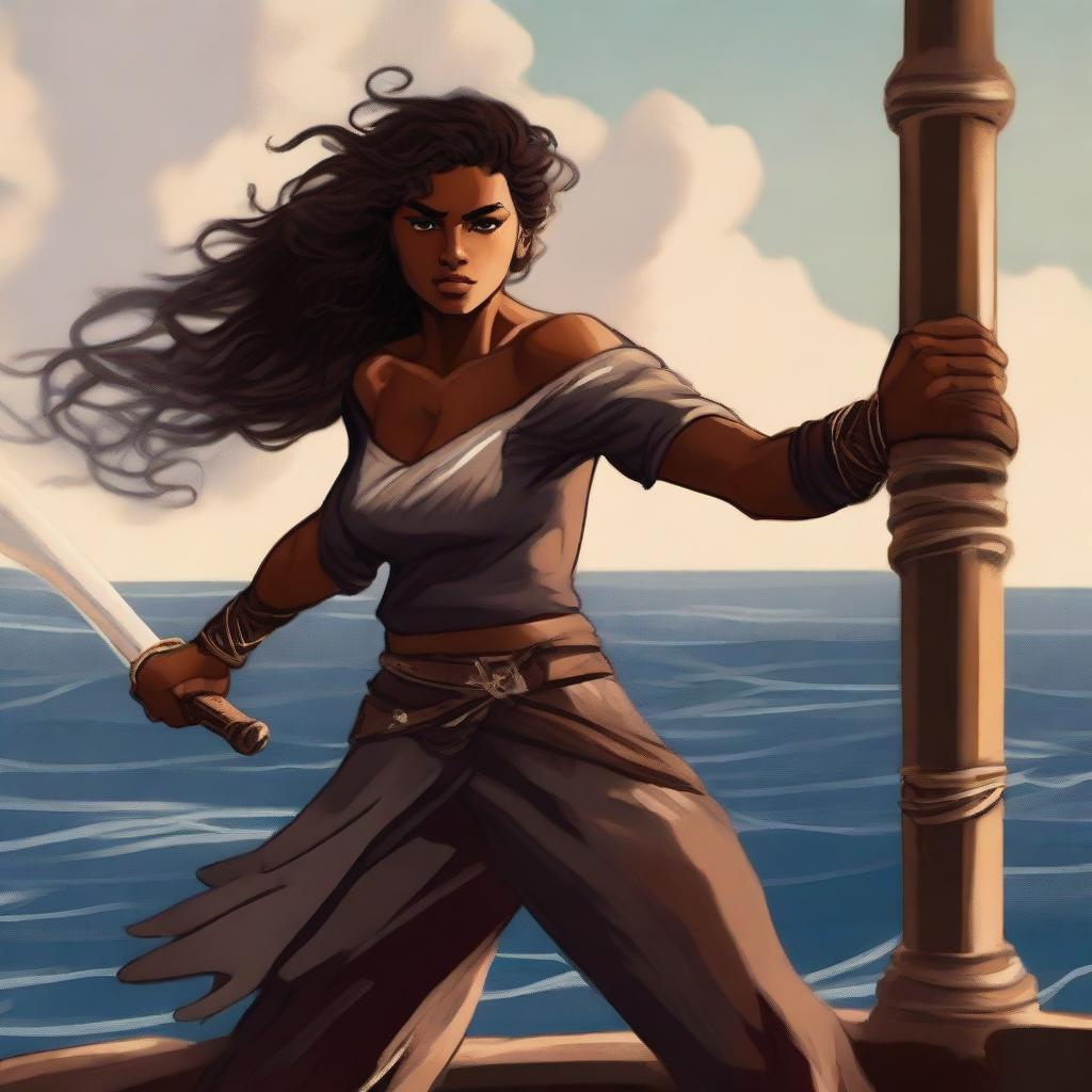 A brown-skinned woman holding a sword, dressed for battle while gripping the railing of a ship