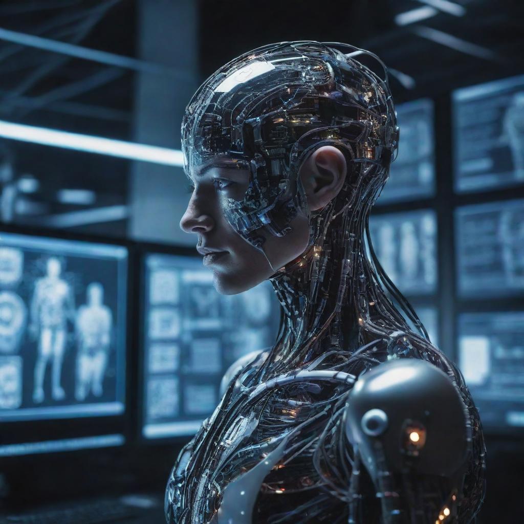 A cybernetic human connected by the head to a massive computer, displaying their symbiotic relationship. The network of advanced technology surrounds them in an impressive display of wires, circuits, and glowing screens.