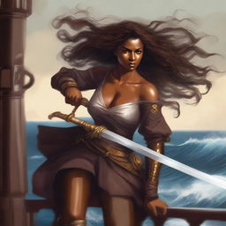 A brown-skinned woman with wavy hair holding a sword, dressed for battle while gripping the railing of a ship