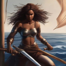 A brown-skinned woman with wavy hair holding a sword, dressed for battle while gripping the railing of a ship