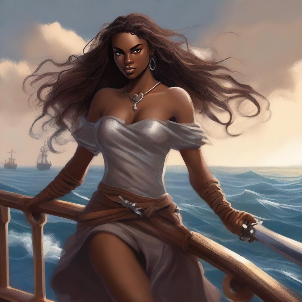 A brown-skinned woman with wavy hair holding a sword, dressed for battle while gripping the railing of a ship