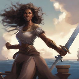 A brown-skinned woman with wavy hair holding a sword, dressed for battle while gripping the railing of a ship