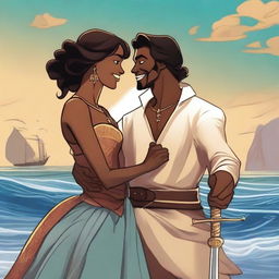 A brown-skinned woman and a prince smiling at each other, with the woman holding a sword in front of the sea