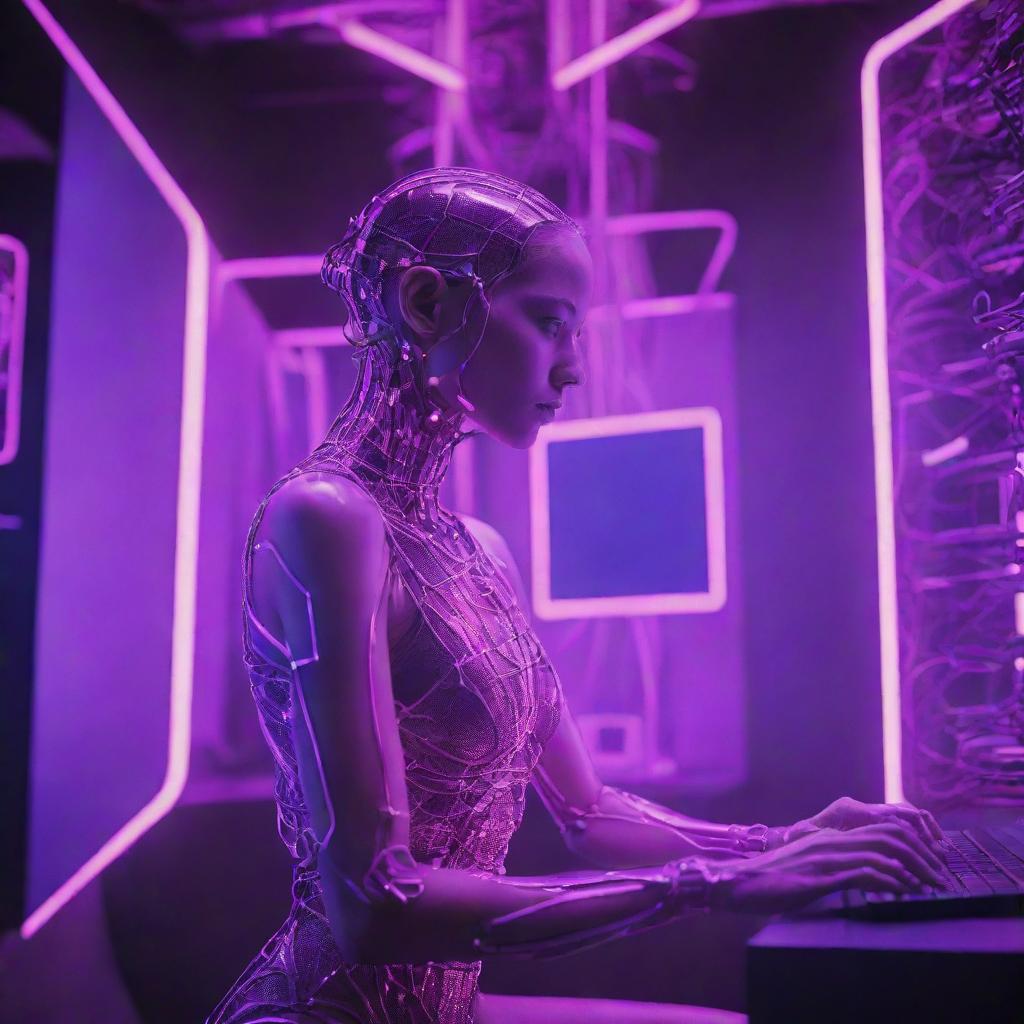 A cybernetic human attached to a colossal computer, bathed in neon pink and purple lighting. The scene should radiate a futuristic ambiance with lush, vibrant hues highlighting the intricate network of technology.