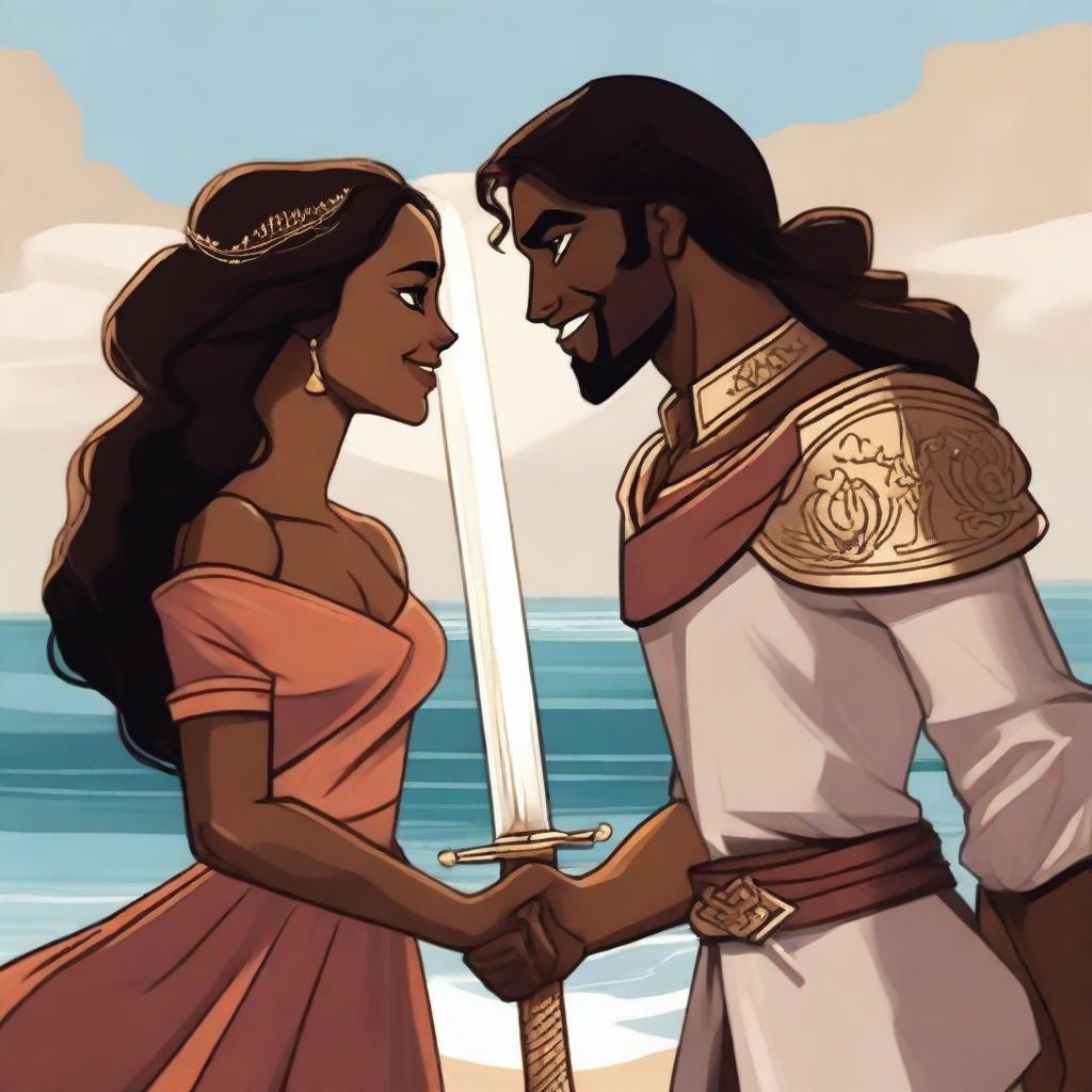 A brown-skinned woman and a prince smiling at each other, with the woman holding a sword in front of the sea