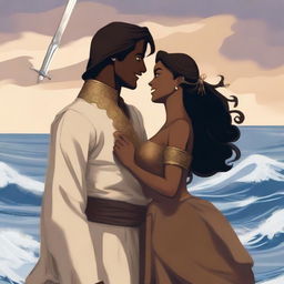 A brown-skinned woman and a prince smiling at each other, with the woman holding a sword in front of the sea