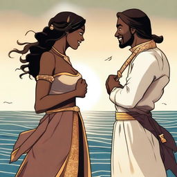 A brown-skinned woman and a prince smiling at each other, with the woman holding a sword in front of the sea