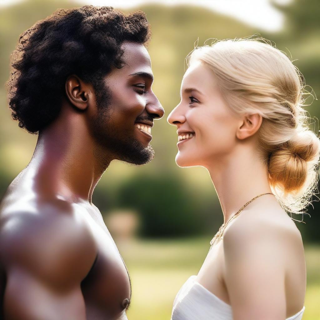 A brown-skinned woman and a white prince with neck-length hair smiling at each other